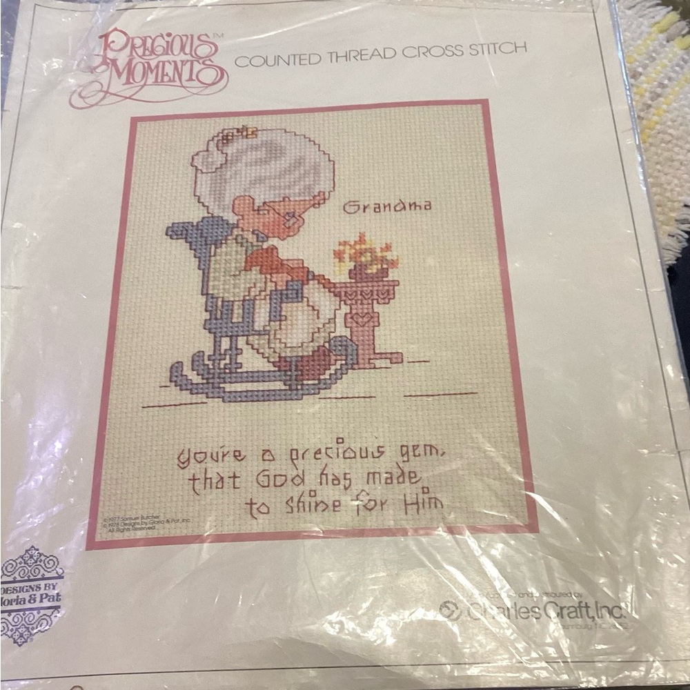 Precious Moments Cross Stitch Kit Grandma Rocking and knitting